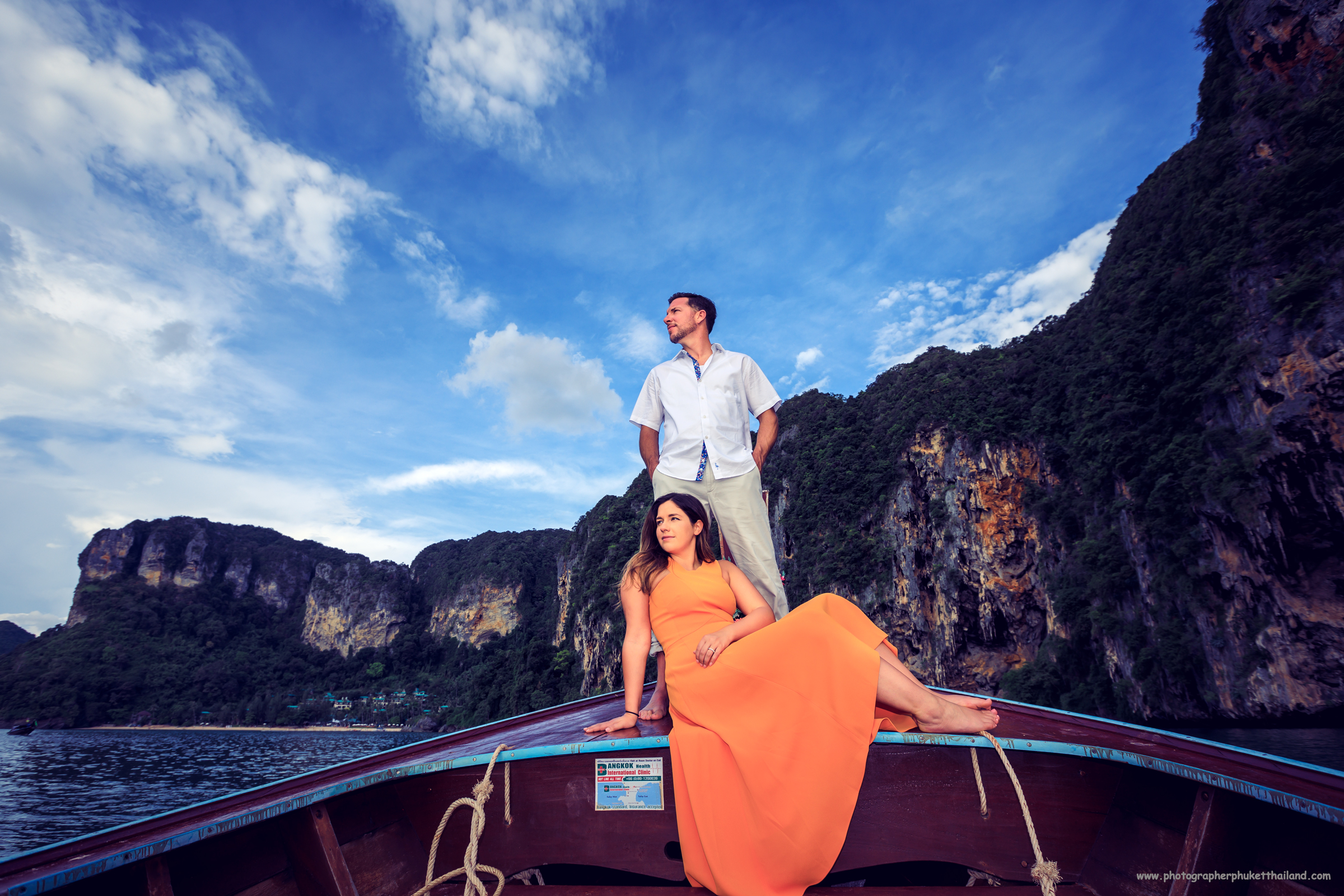 Honeymoon couple on long tail boat at Ao nang Krabi Thailand