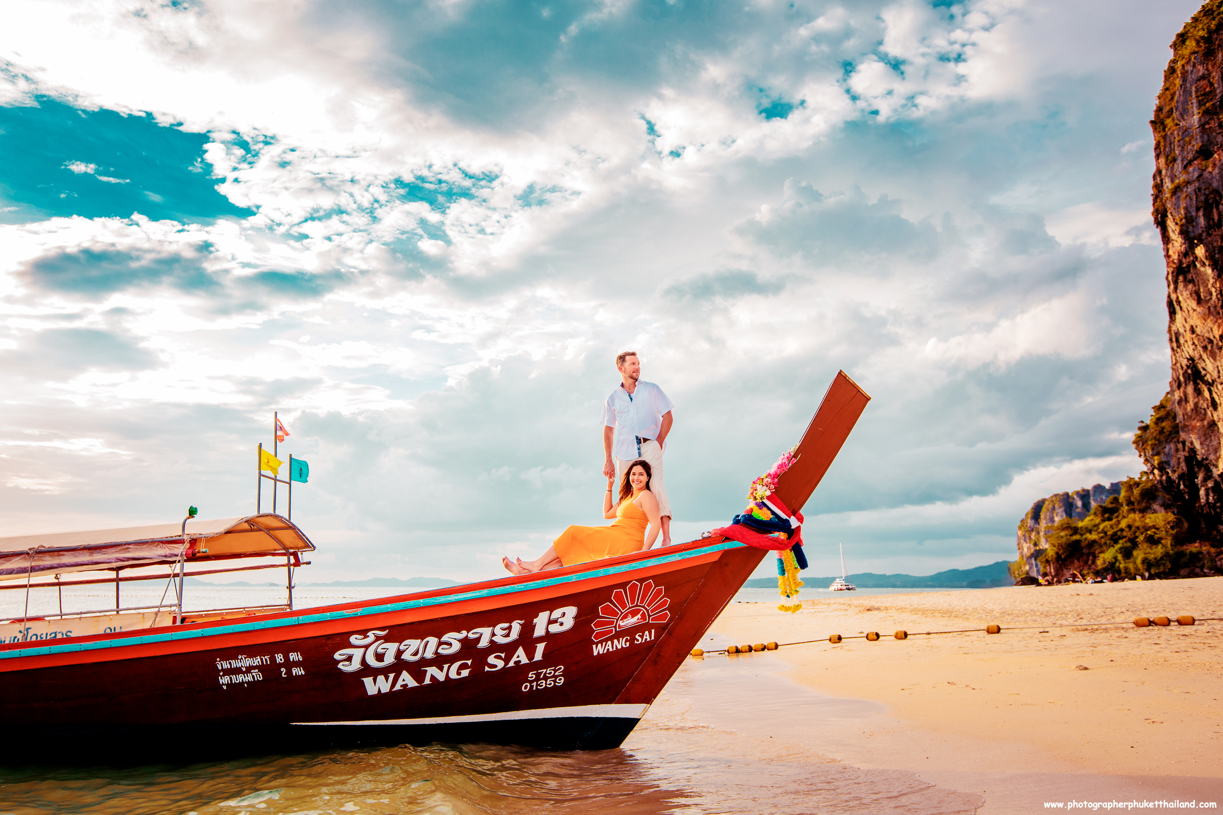 Honeymoon couple on long tail boat at Ao nang Krabi Thailand
