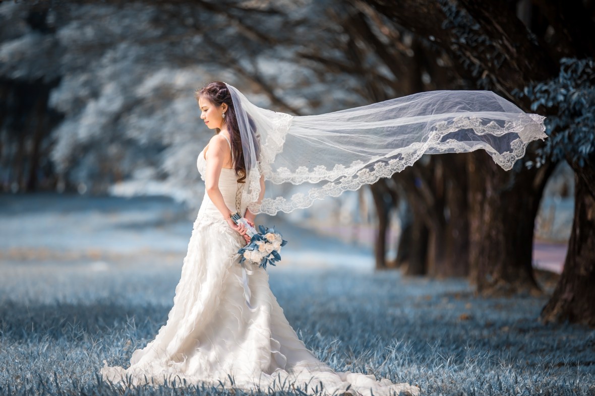A bride in a flowing white wedding dress stands in a scenic outdoor setting, holding a bouquet and wearing a delicate veil that blows gently in the breeze.