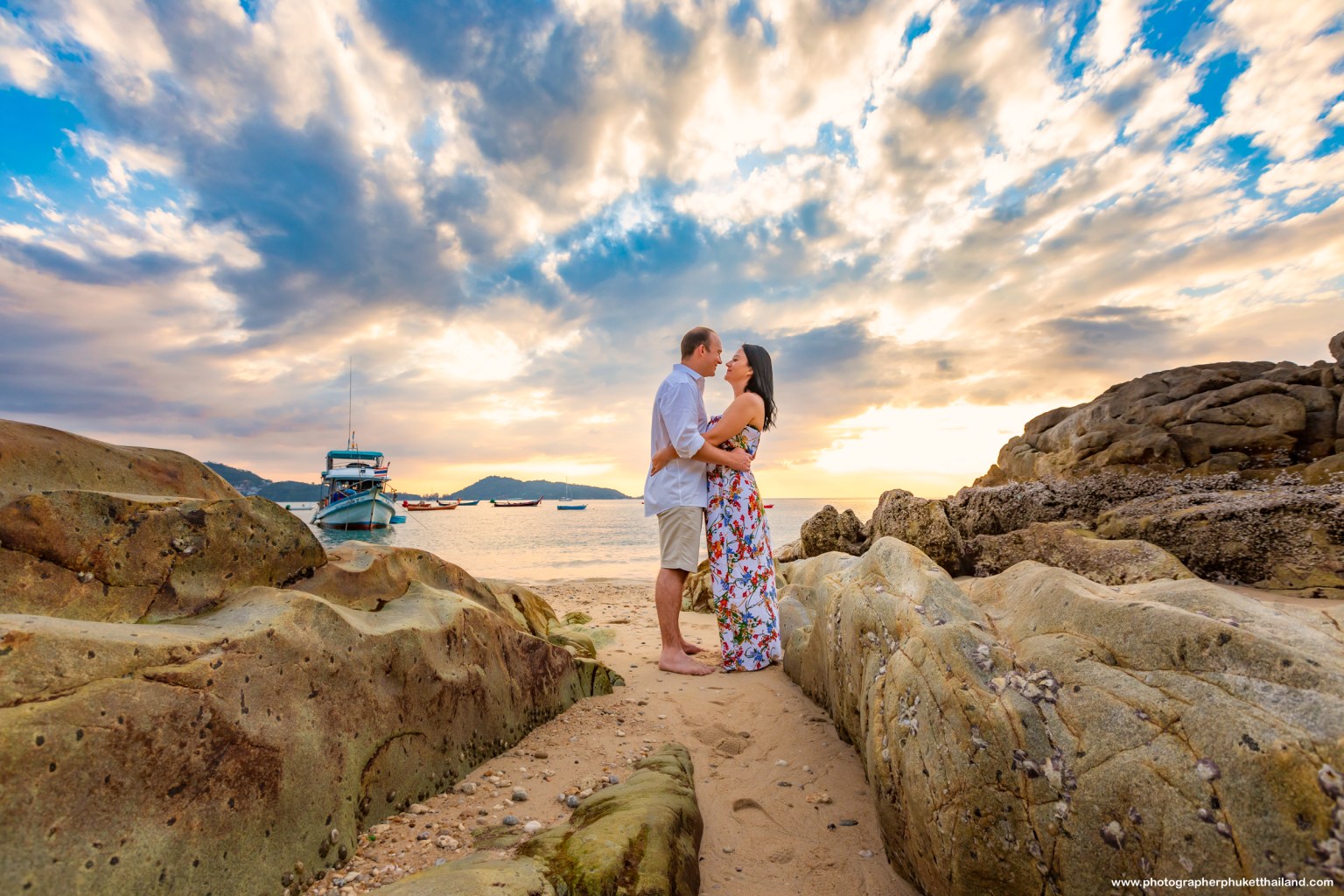 couple photography as sunset at kalim beach Patong bay Phuket photographer