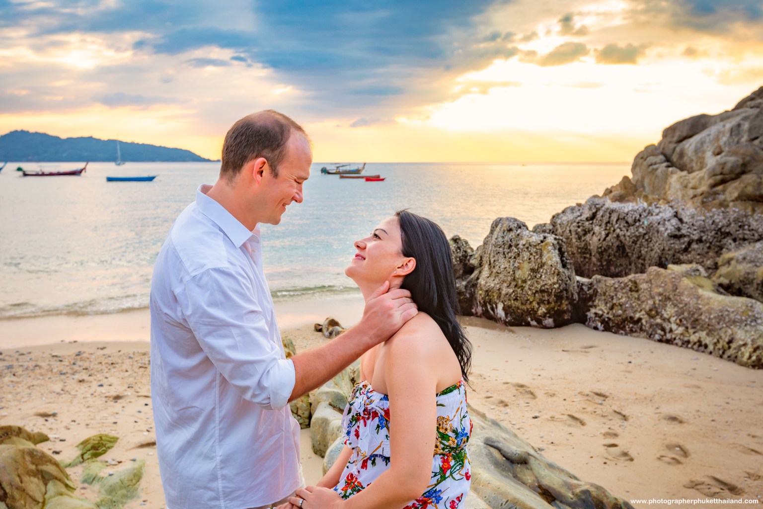 couple photography as sunset at kalim beach Patong bay Phuket photographer
