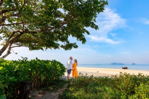 A couple stands on a beach, gazing into each other's eyes, surrounded by greenery and a clear blue sky.