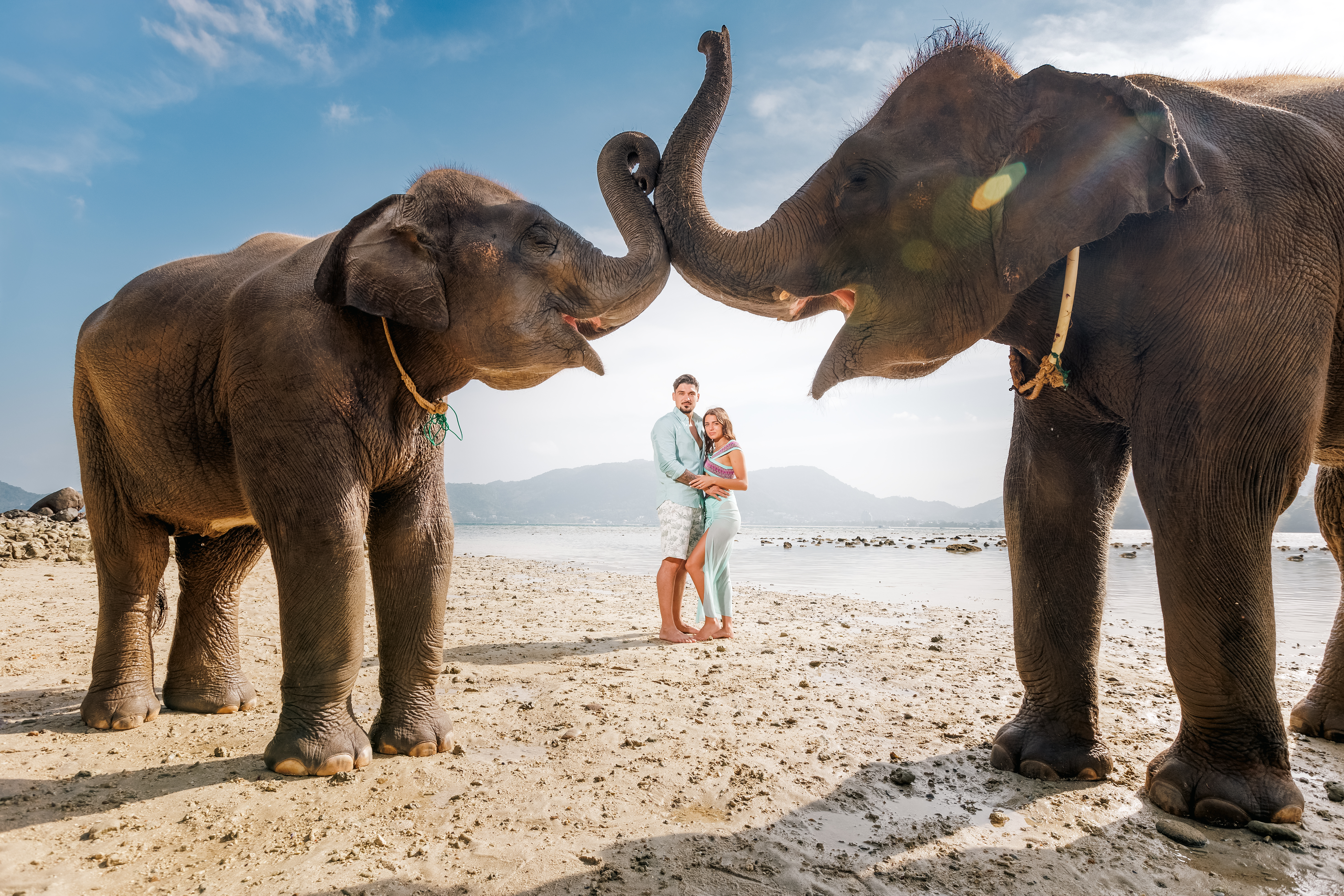 couple photoshoot with elephants at lucky beach phuket