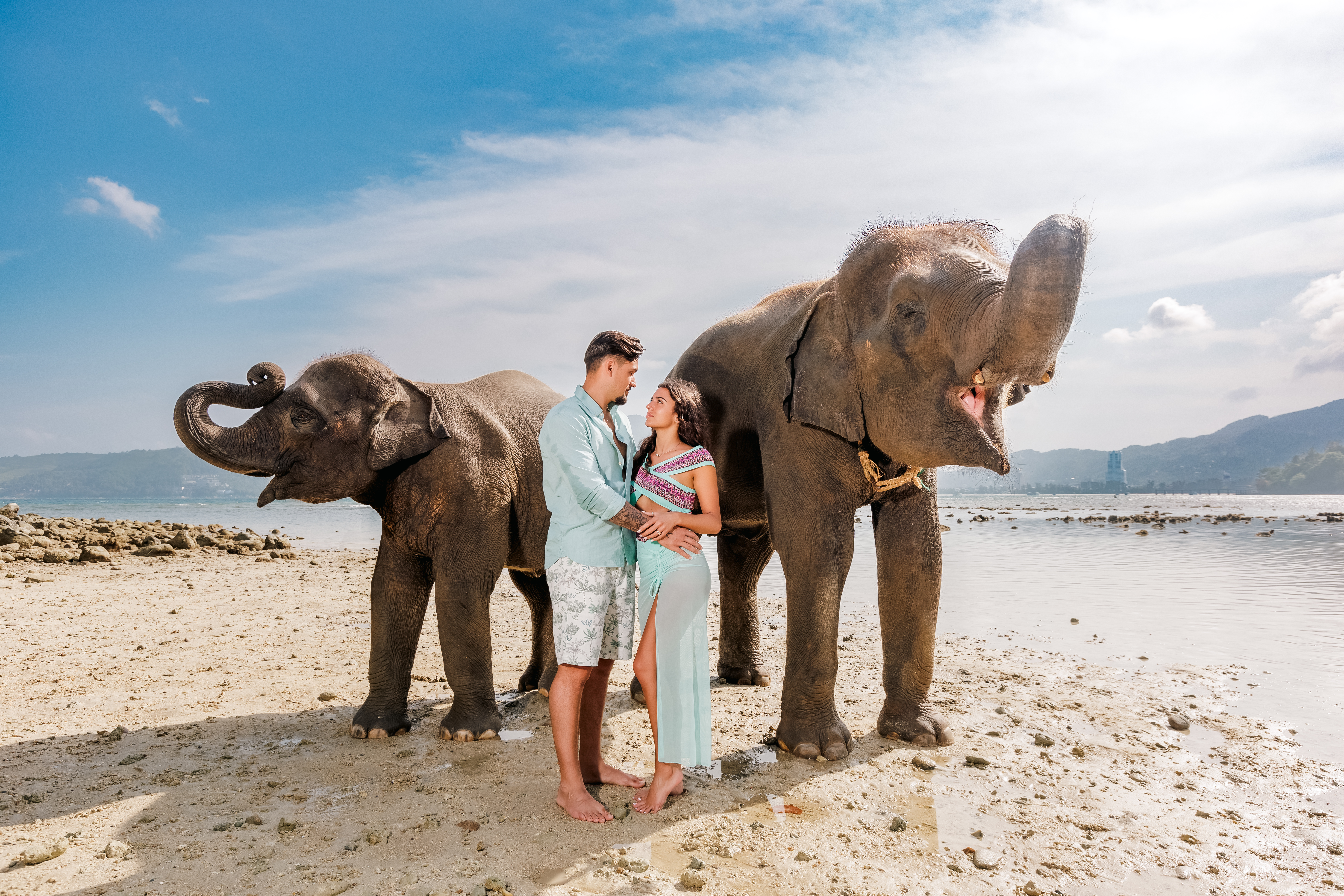 couple photoshoot with elephants at lucky beach phuket