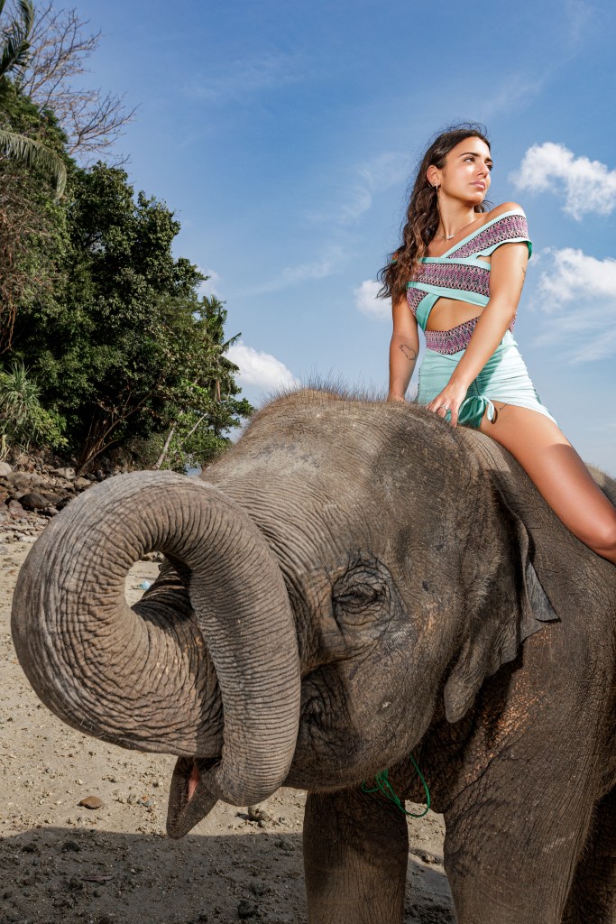 A woman sitting on an elephant outdoors, wearing a colorful outfit, with a blue sky and trees in the background.
