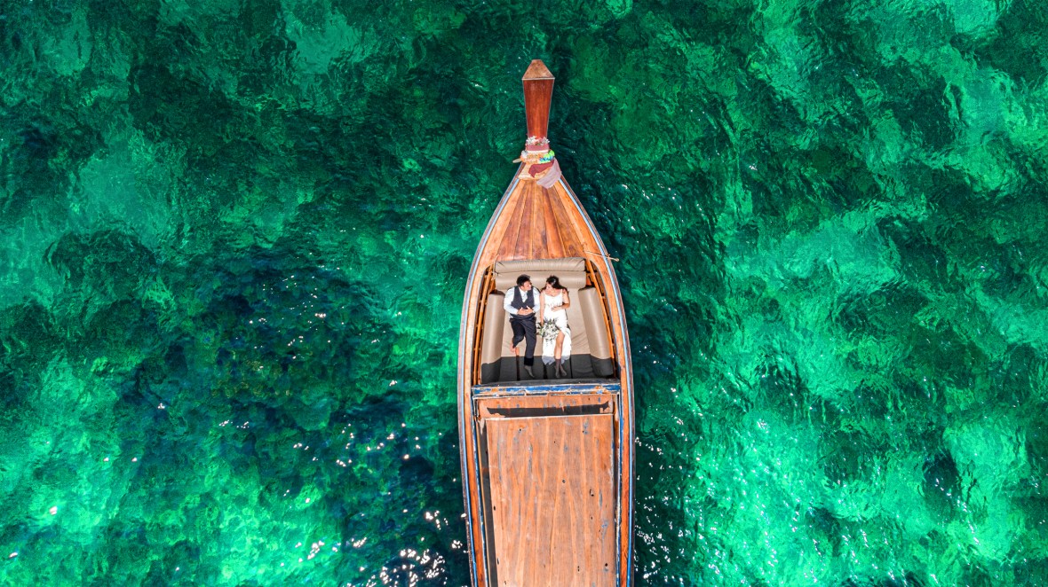 Drone shot pre wedding photography at nui bay phi phi island