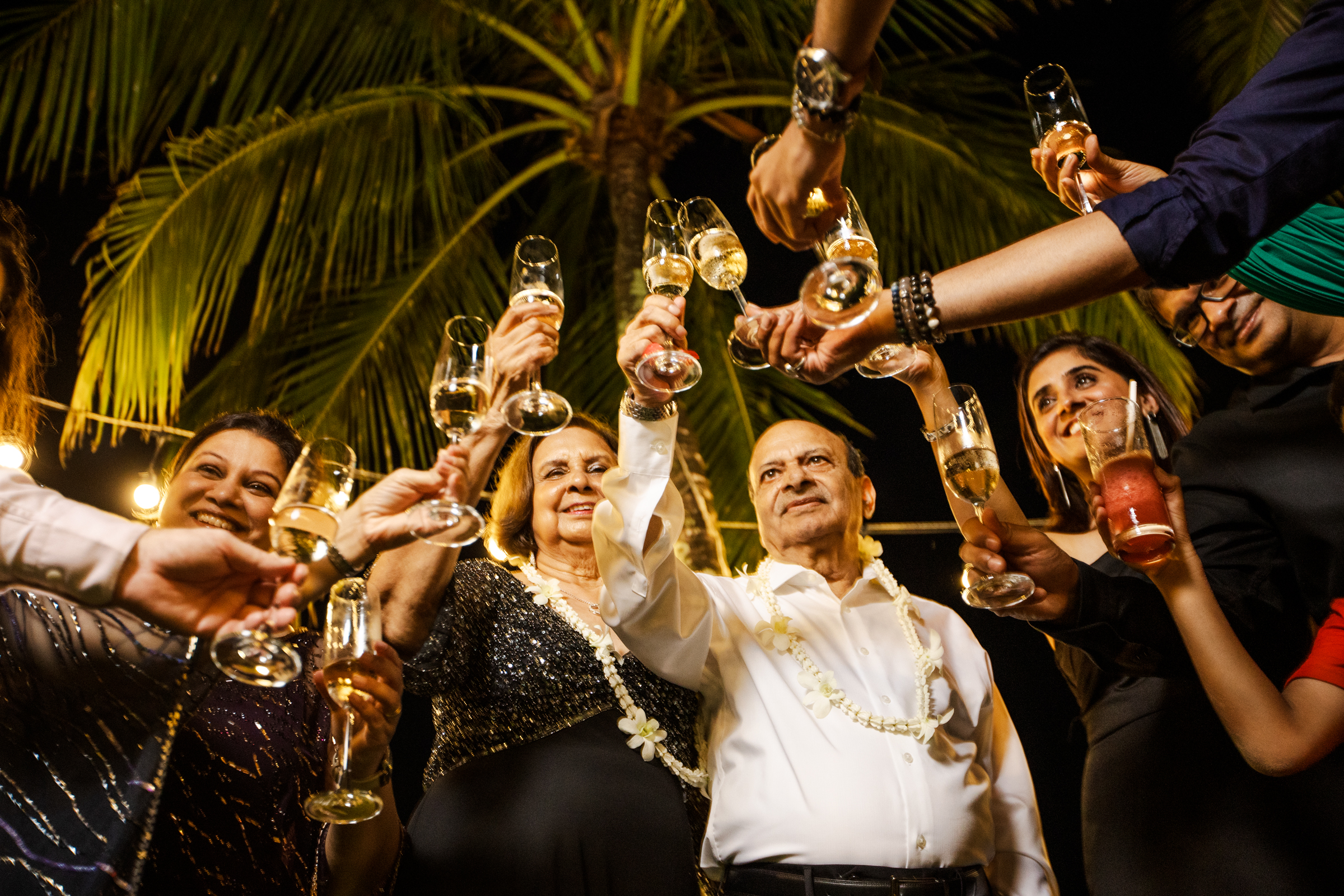 Group of people toasting with glasses of champagne at a celebration, with palm trees in the background.