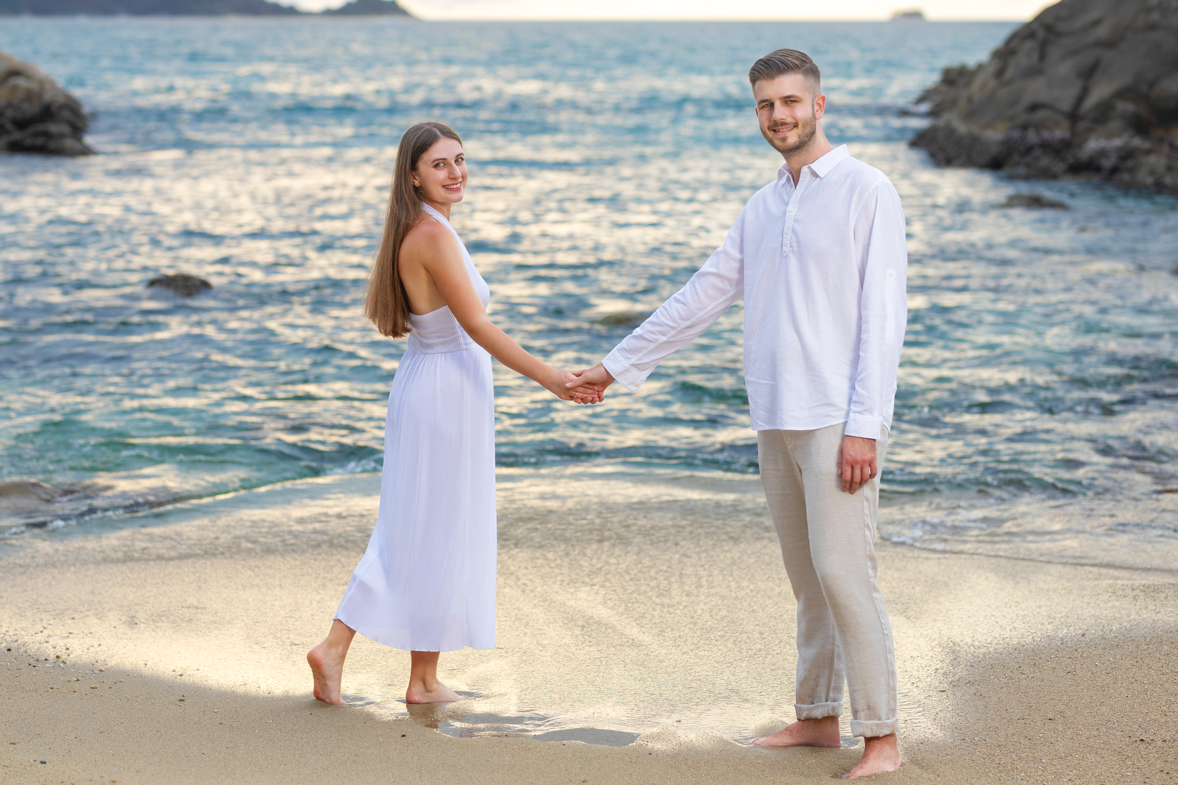 Engagement photoshoot as sunset time at kalim beach phuket