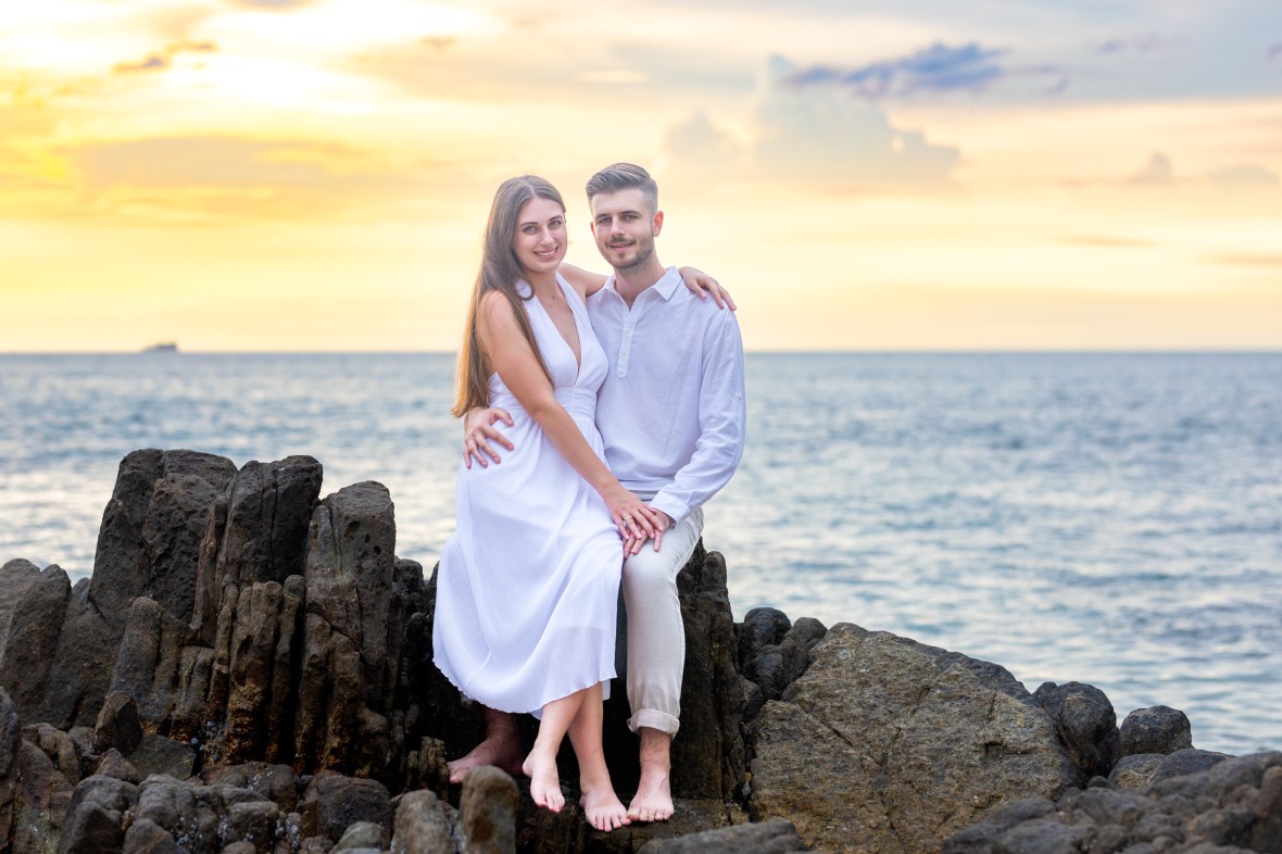 Engagement photoshoot as sunset time at kalim beach phuket