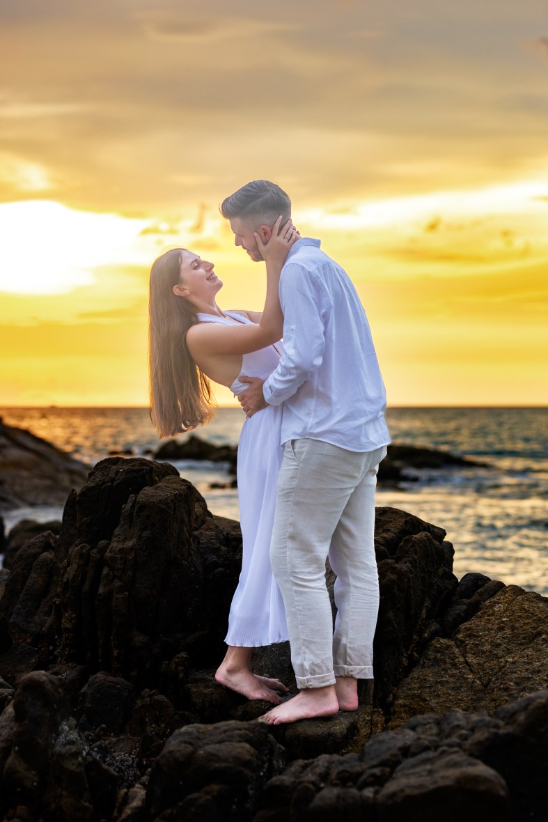 Engagement photoshoot as sunset time at kalim beach phuket