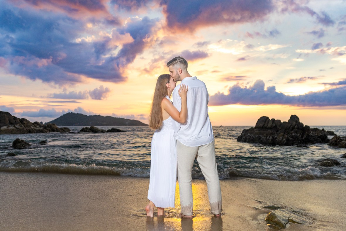 Engagement photoshoot as sunset time at kalim beach phuket