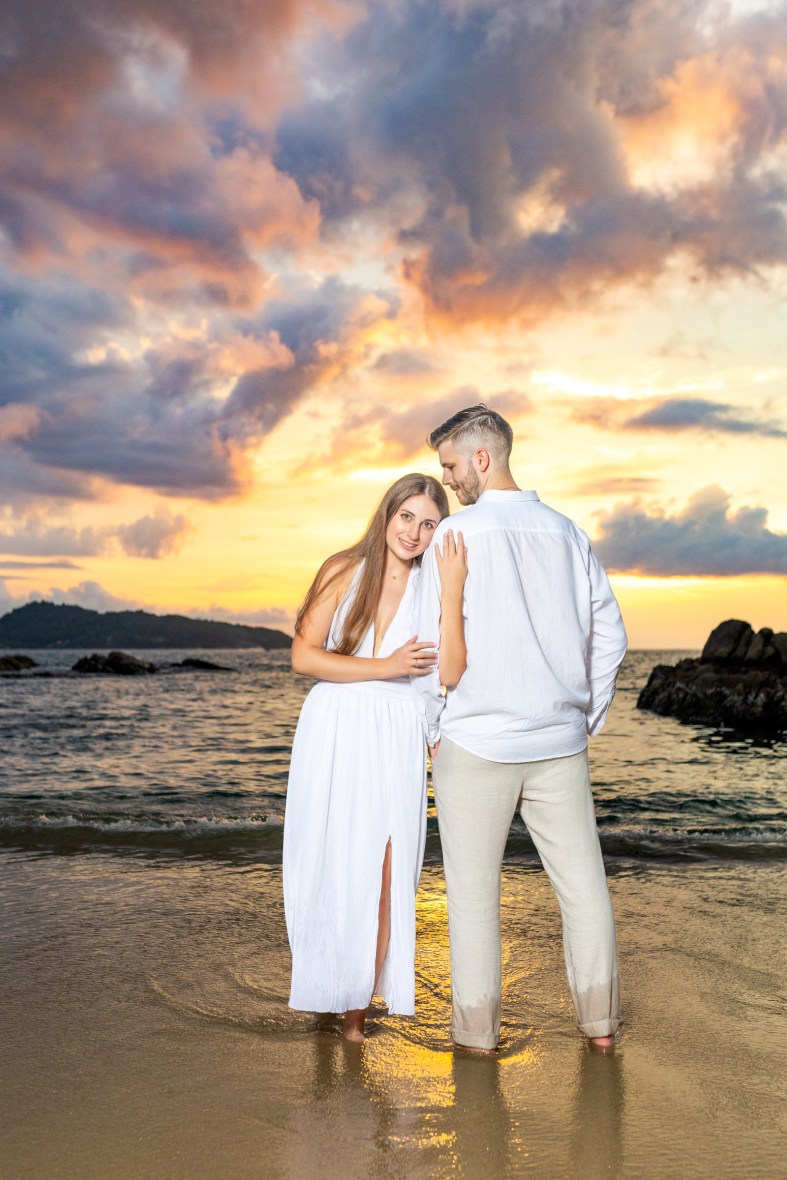 Engagement photoshoot as sunset time at kalim beach phuket