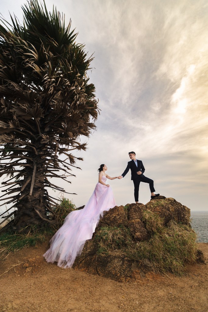 A couple in formal attire, with the woman wearing a flowing pink dress, stands on a rocky outcrop near the ocean. A tall palm tree is visible in the background under a cloudy sky.