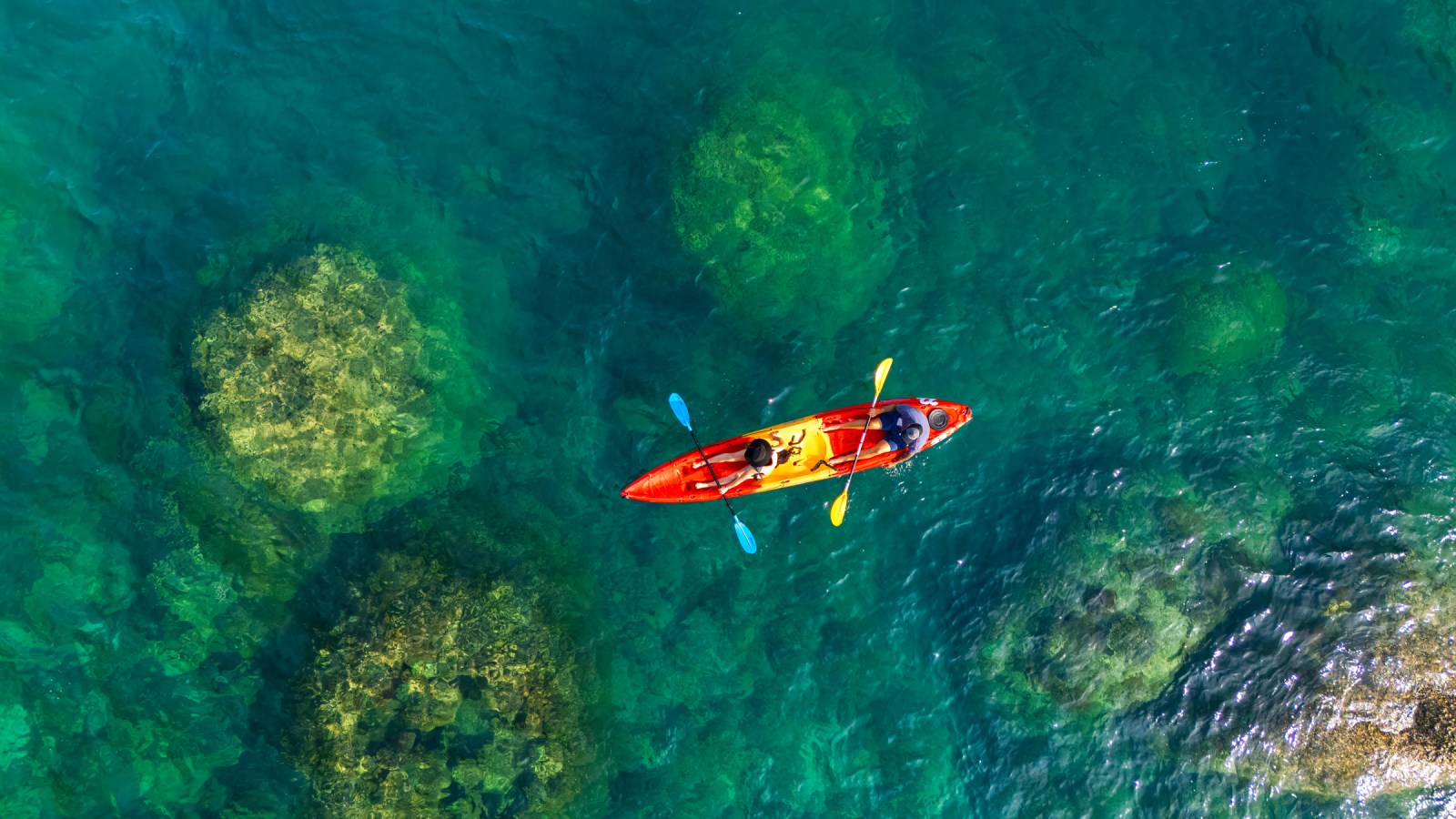 Aerial view of two people kayaking in clear turquoise water, revealing underwater rocks and marine life.