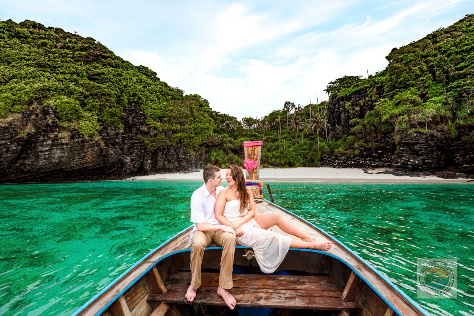 engagement photography on long tail boat at nui bay phi phi island krabi