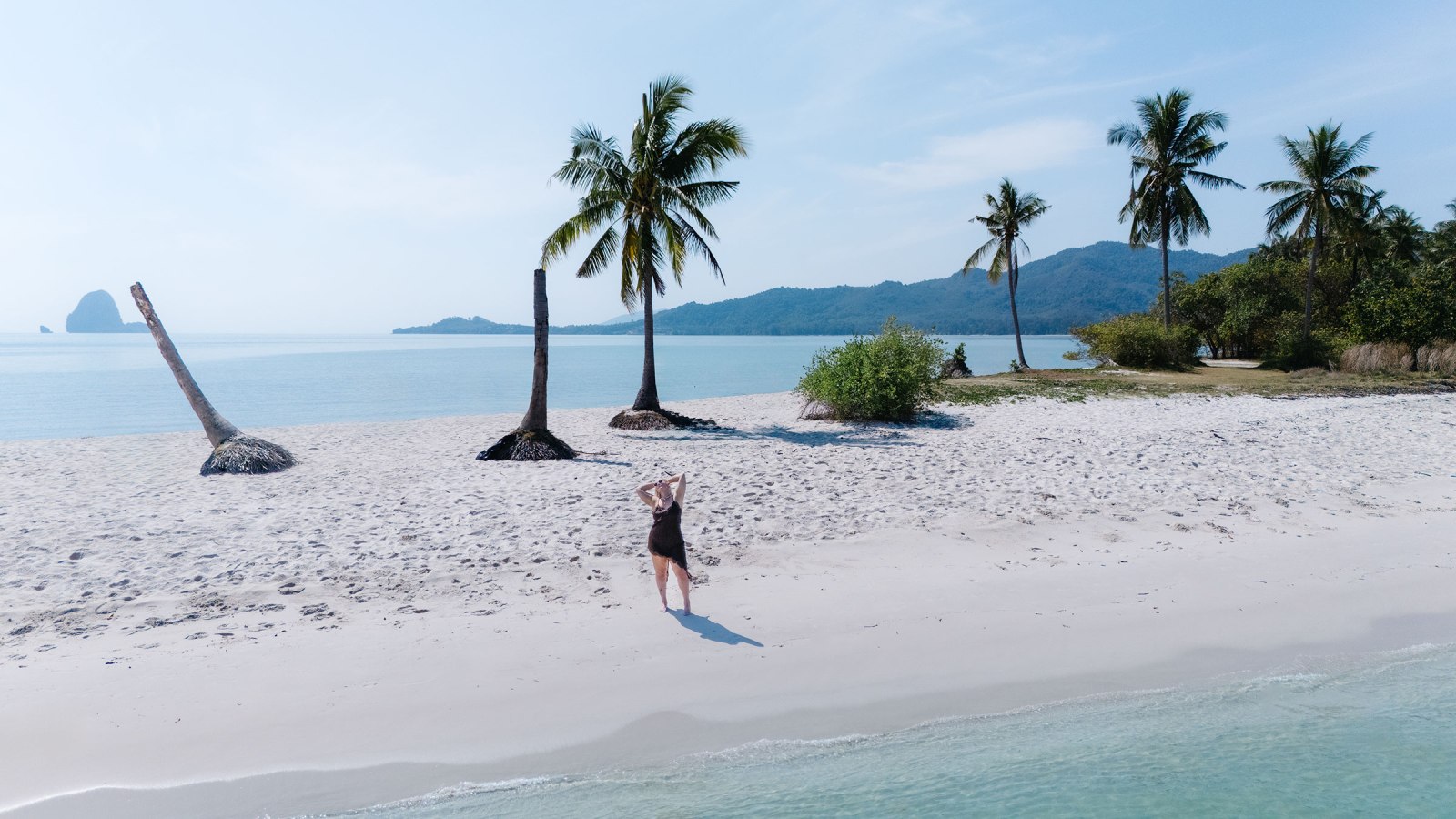 A serene beach scene featuring palm trees, white sand, and calm blue water, with a person standing on the shore enjoying the view.